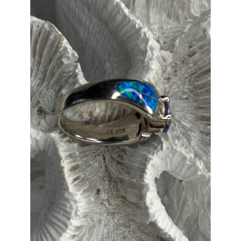 AK 925 Sterling Silver Amethyst & Opal & Beryl Ring Size 8