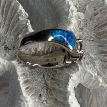 AK 925 Sterling Silver Amethyst & Opal & Beryl Ring Size 8