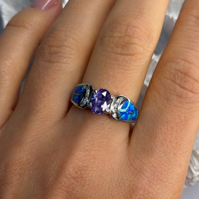 AK 925 Sterling Silver Amethyst & Opal & Beryl Ring Size 8
