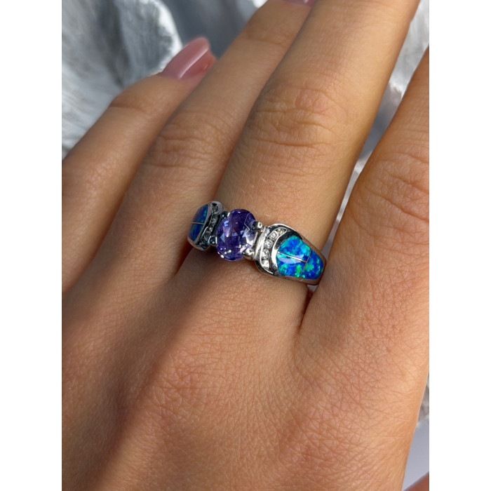 AK 925 Sterling Silver Amethyst & Opal & Beryl Ring Size 8