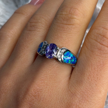 AK 925 Sterling Silver Amethyst & Opal & Beryl Ring Size 8