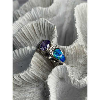 AK 925 Sterling Silver Amethyst & Opal & Beryl Ring Size 8