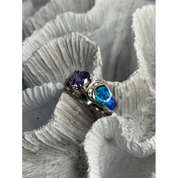 AK 925 Sterling Silver Amethyst & Opal & Beryl Ring Size 8