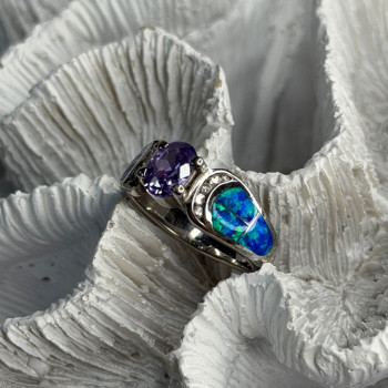 AK 925 Sterling Silver Amethyst & Opal & Beryl Ring Size 8