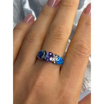 AK 925 Sterling Silver Amethyst & Opal & Beryl Ring Size 8