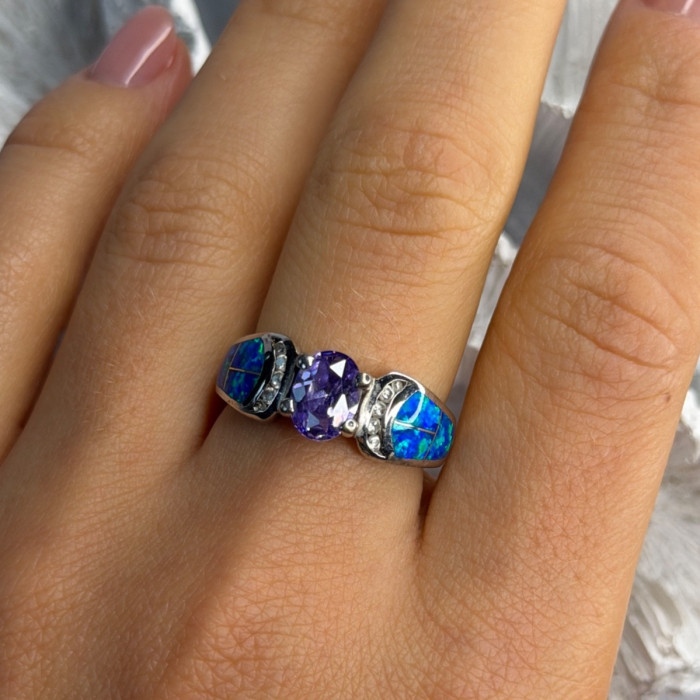 AK 925 Sterling Silver Amethyst & Opal & Beryl Ring Size 8