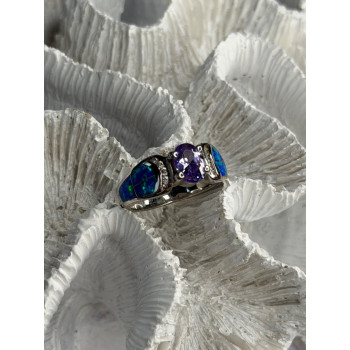 AK 925 Sterling Silver Amethyst & Opal & Beryl Ring Size 8