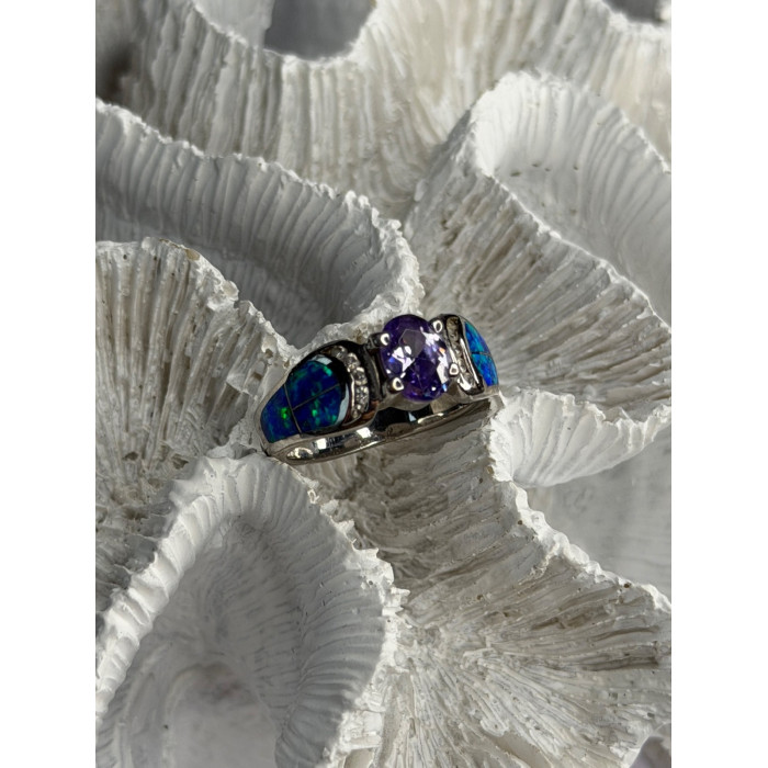 AK 925 Sterling Silver Amethyst & Opal & Beryl Ring Size 8