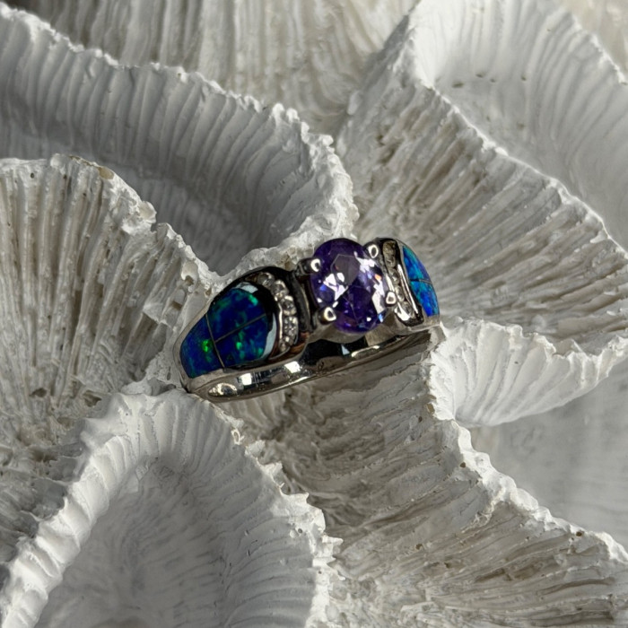 AK 925 Sterling Silver Amethyst & Opal & Beryl Ring Size 8