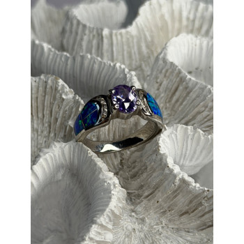 AK 925 Sterling Silver Amethyst & Opal & Beryl Ring Size 8