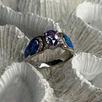 AK 925 Sterling Silver Amethyst & Opal & Beryl Ring Size 8