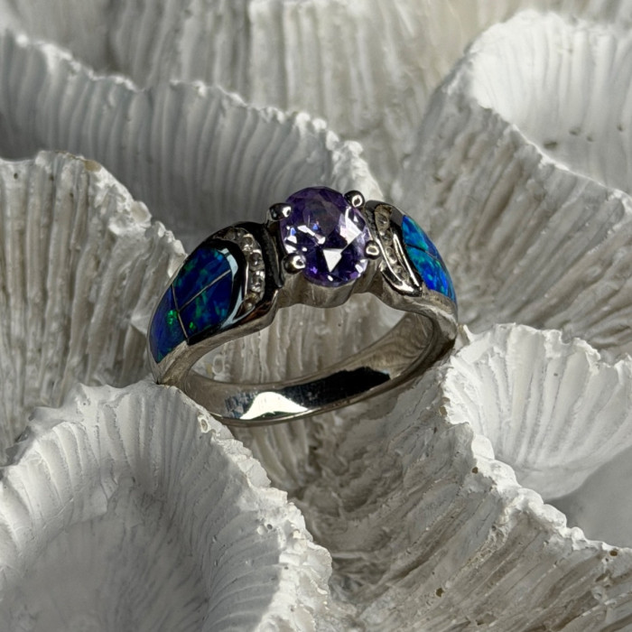 AK 925 Sterling Silver Amethyst & Opal & Beryl Ring Size 8
