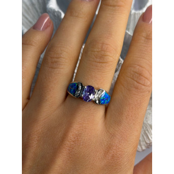 AK 925 Sterling Silver Amethyst & Opal & Beryl Ring Size 8