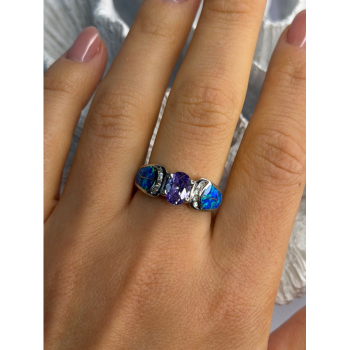 AK 925 Sterling Silver Amethyst & Opal & Beryl Ring Size 8