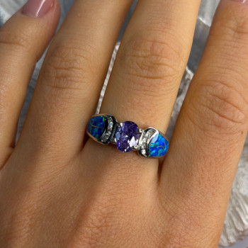 AK 925 Sterling Silver Amethyst & Opal & Beryl Ring Size 8