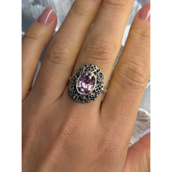 Vintage 925 Sterling Silver Morganite & Marcasite Ring Size 7
