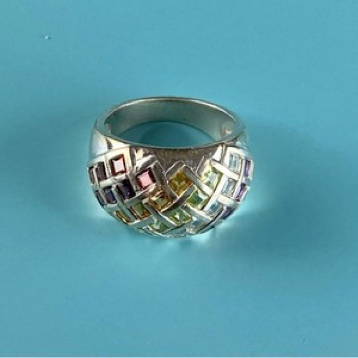 925 Sterling Silver Multi Gemstones Ring Size 7