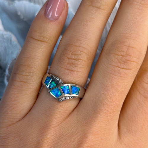925 Sterling Silver Opal & Beryl Ring Size 7
