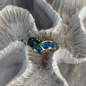 925 Sterling Silver Opal & Beryl Ring Size 7