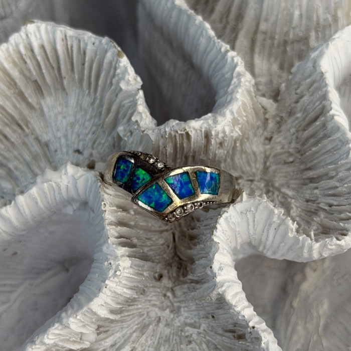 925 Sterling Silver Opal & Beryl Ring Size 7
