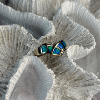 925 Sterling Silver Opal & Beryl Ring Size 7