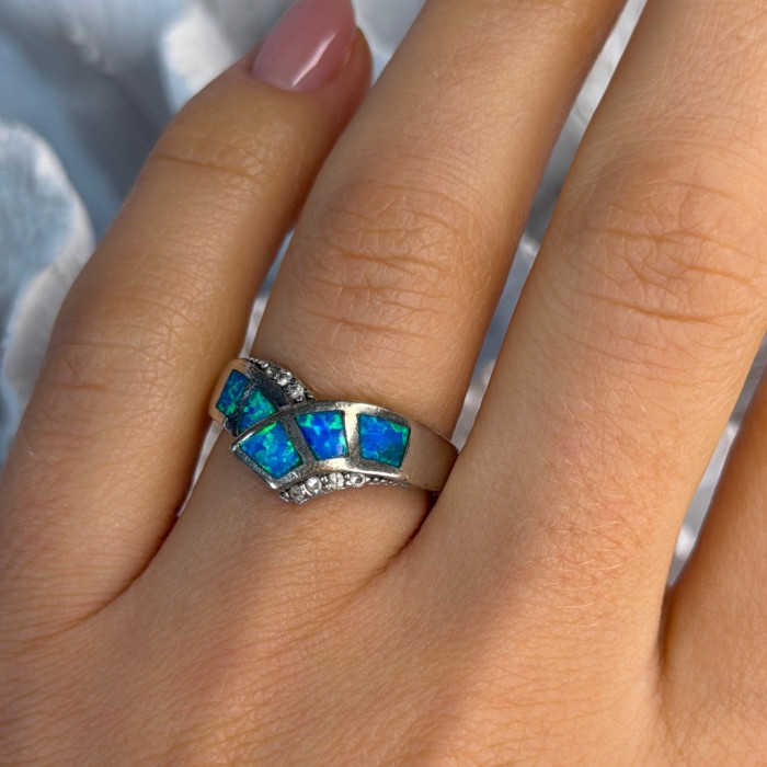 925 Sterling Silver Opal & Beryl Ring Size 7