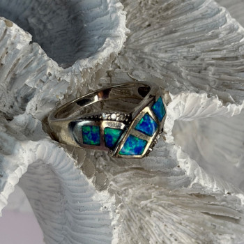 925 Sterling Silver Opal & Beryl Ring Size 7