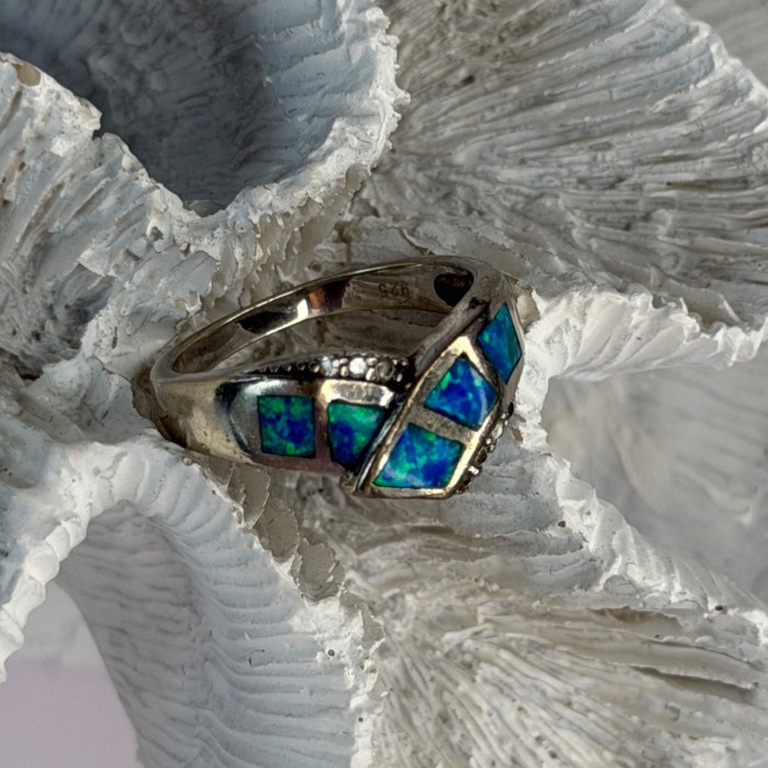 925 Sterling Silver Opal & Beryl Ring Size 7