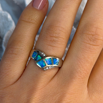 925 Sterling Silver Opal & Beryl Ring Size 7