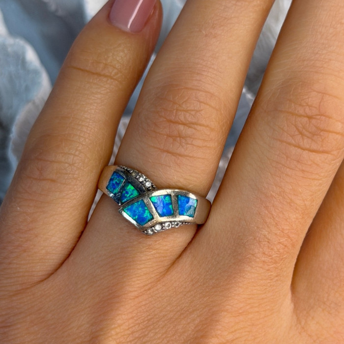 925 Sterling Silver Opal & Beryl Ring Size 7