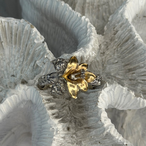 925 Sterling Silver Gold Plated Cz Flower Ring Size 6