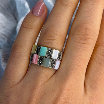 925 Sterling Silver Abalone & Agate & Marcasite Ring Size 6.5