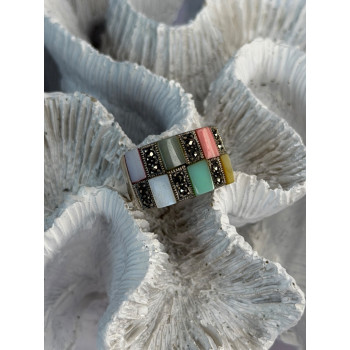 925 Sterling Silver Abalone & Agate & Marcasite Ring Size 6.5