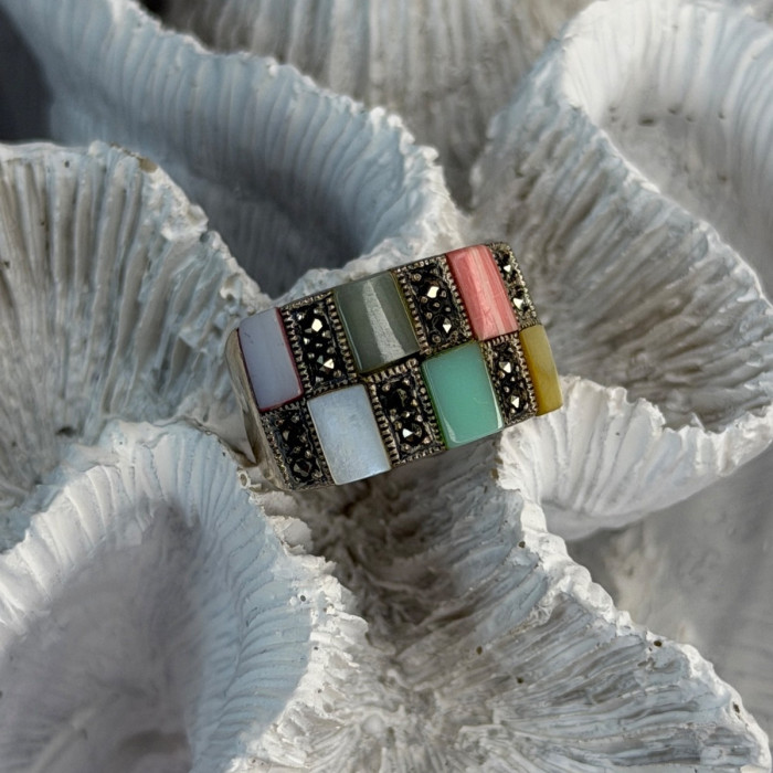925 Sterling Silver Abalone & Agate & Marcasite Ring Size 6.5