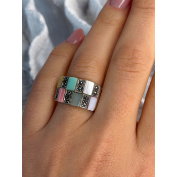 925 Sterling Silver Abalone & Agate & Marcasite Ring Size 6.5