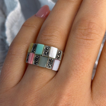 925 Sterling Silver Abalone & Agate & Marcasite Ring Size 6.5