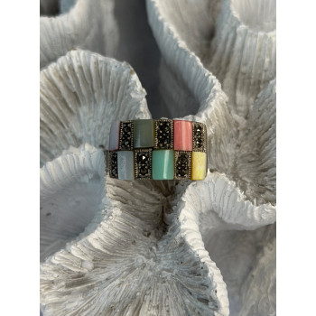 925 Sterling Silver Abalone & Agate & Marcasite Ring Size 6.5