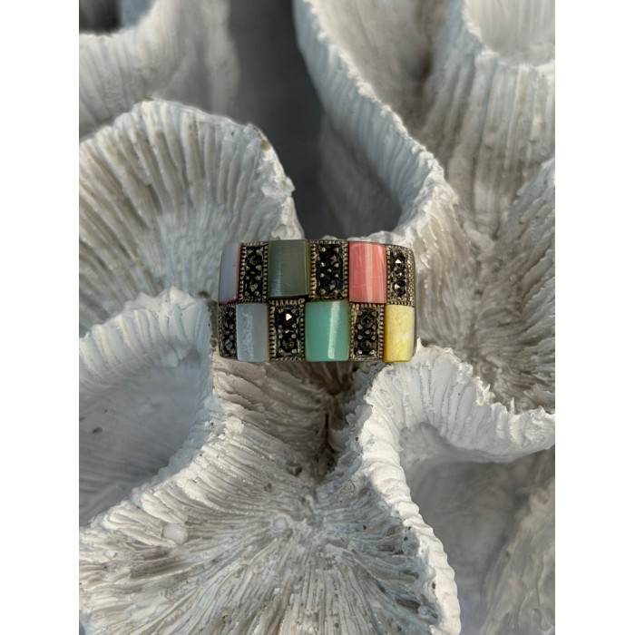 925 Sterling Silver Abalone & Agate & Marcasite Ring Size 6.5