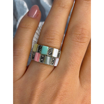 925 Sterling Silver Abalone & Agate & Marcasite Ring Size 6.5