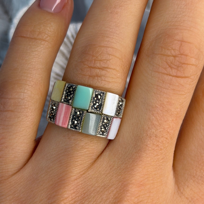 925 Sterling Silver Abalone & Agate & Marcasite Ring Size 6.5