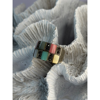 925 Sterling Silver Abalone & Agate & Marcasite Ring Size 6.5