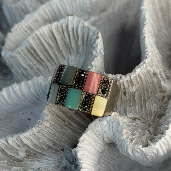 925 Sterling Silver Abalone & Agate & Marcasite Ring Size 6.5