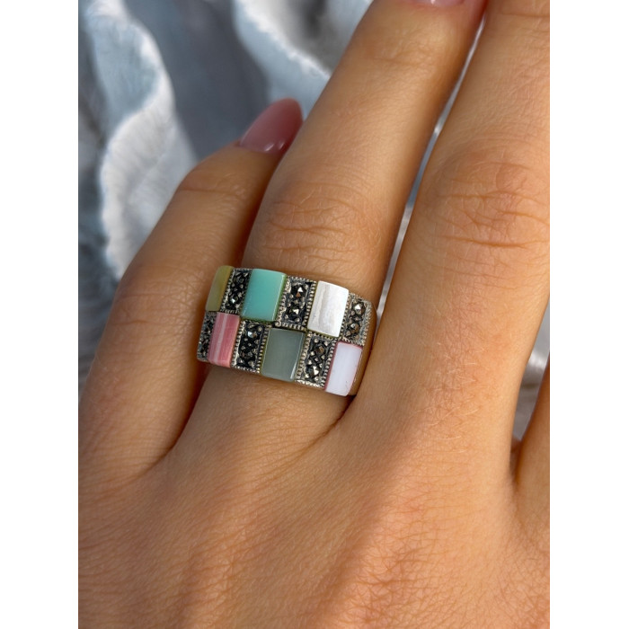 925 Sterling Silver Abalone & Agate & Marcasite Ring Size 6.5