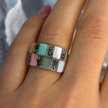 925 Sterling Silver Abalone & Agate & Marcasite Ring Size 6.5