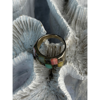 925 Sterling Silver Abalone & Agate & Marcasite Ring Size 6.5