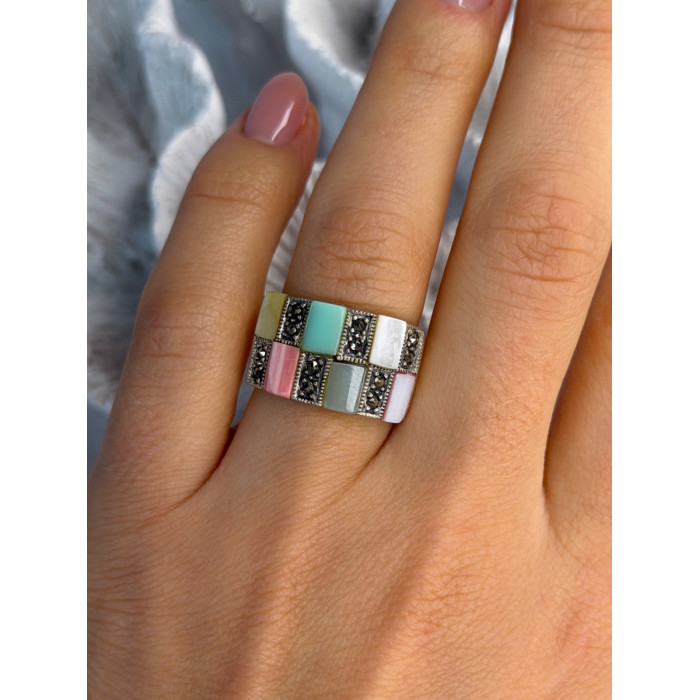 925 Sterling Silver Abalone & Agate & Marcasite Ring Size 6.5