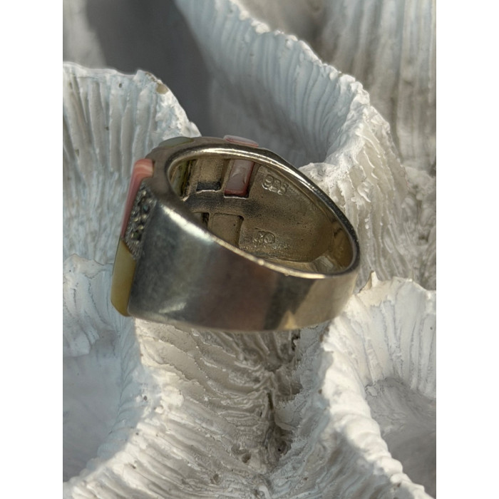 925 Sterling Silver Abalone & Agate & Marcasite Ring Size 6.5