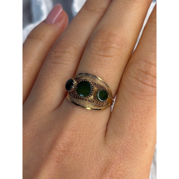 925 Sterling Silver Gold Plated Jade Ring Size 8.5