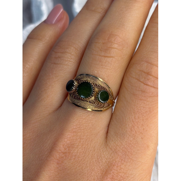 925 Sterling Silver Gold Plated Jade Ring Size 8.5