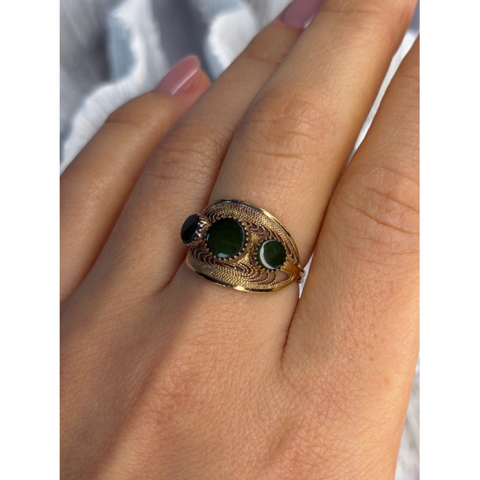 925 Sterling Silver Gold Plated Jade Ring Size 8.5
